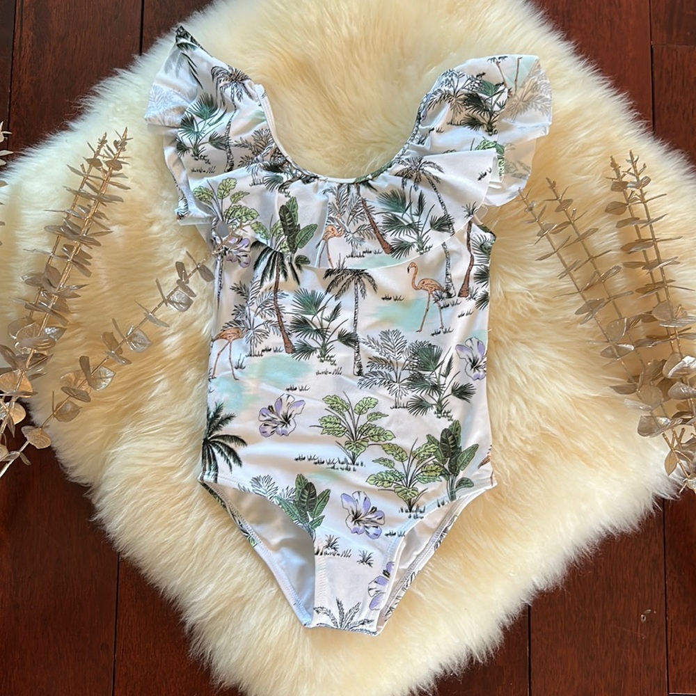 NWT Janie and Jack white palm tropical print girls swimsuit NEW!